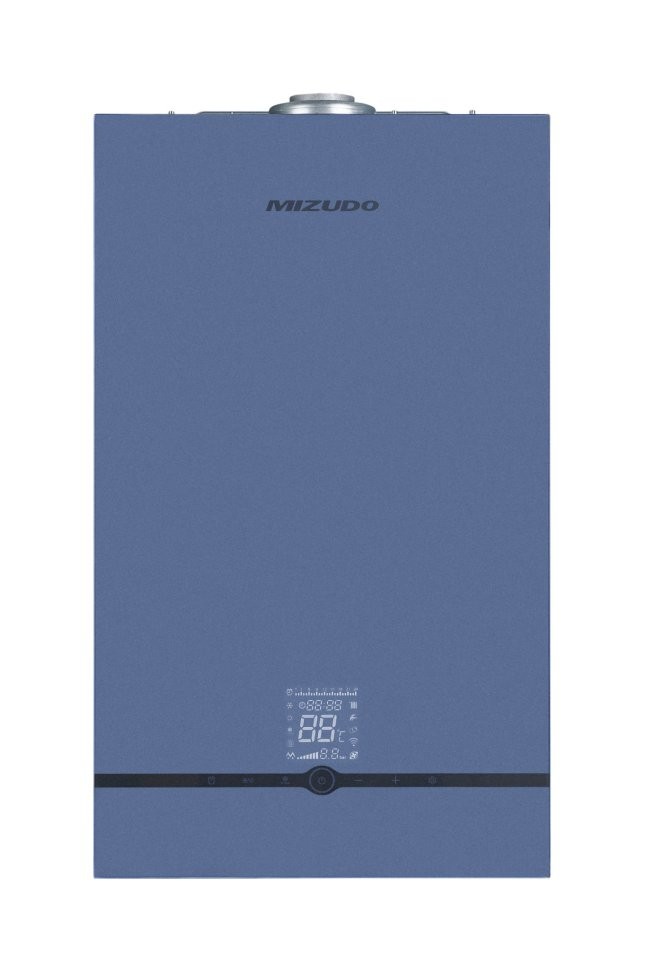 Настенный газовый котел MIZUDO MAESTRO GEM M24Т c шиной OpenTherm стеклянная панель голубая